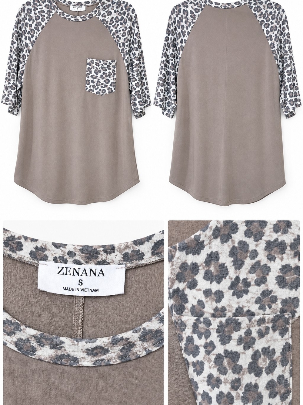 Zenana Outfitters Taupe Raglan Top with Leopard-Print Sleeves and Pocket